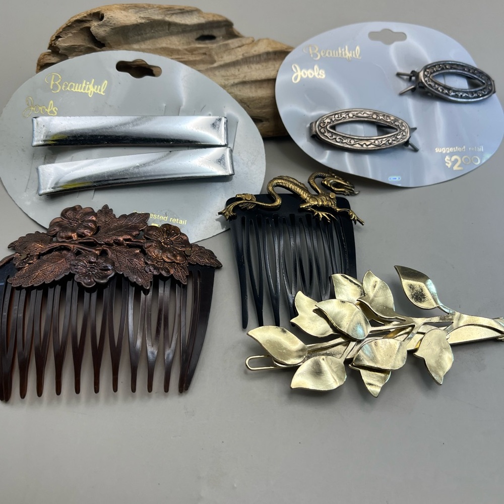 Vintage Hair Comb and Clip Set - Gold, Silver, Brown
